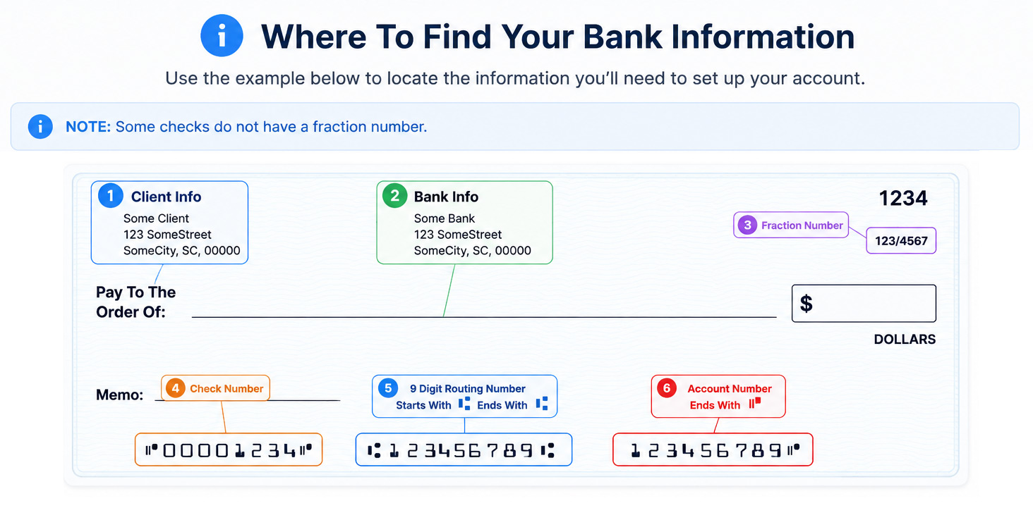 Check map showing where to find bank routing and account information